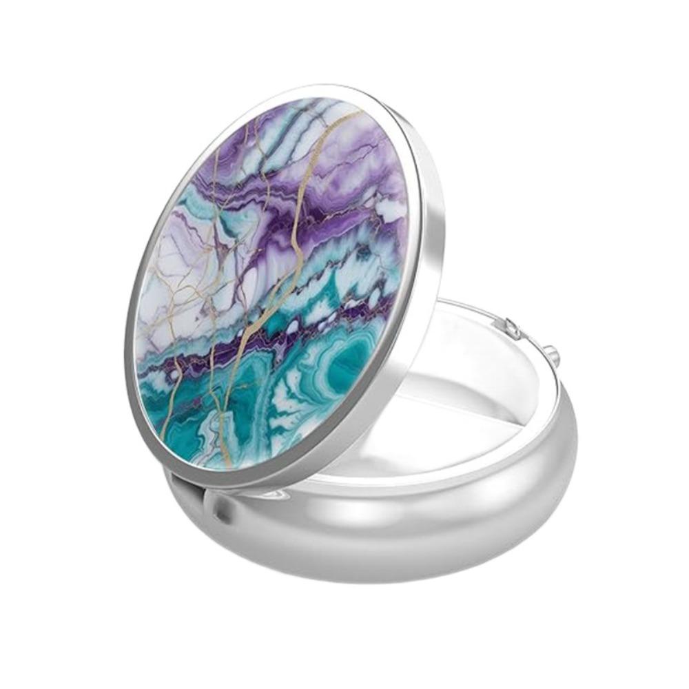 

Metal Pill Capsule Box Circular Storage Container Medicine Cases for Travel Floral Print with Mirror Drug Dispenser