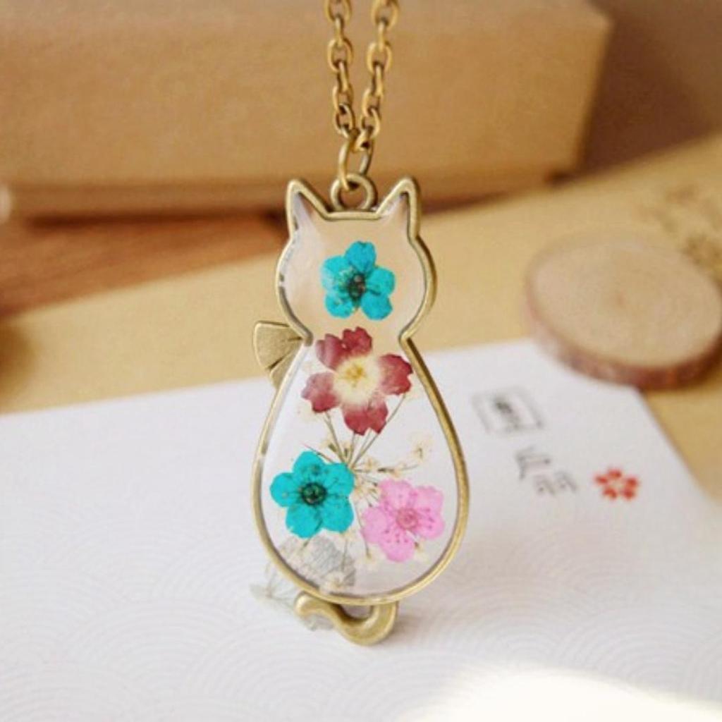 Collana con Ciondolo Gatto Fiori Secchi Naturali Fatto a Mano per Accessori Casual da Donna