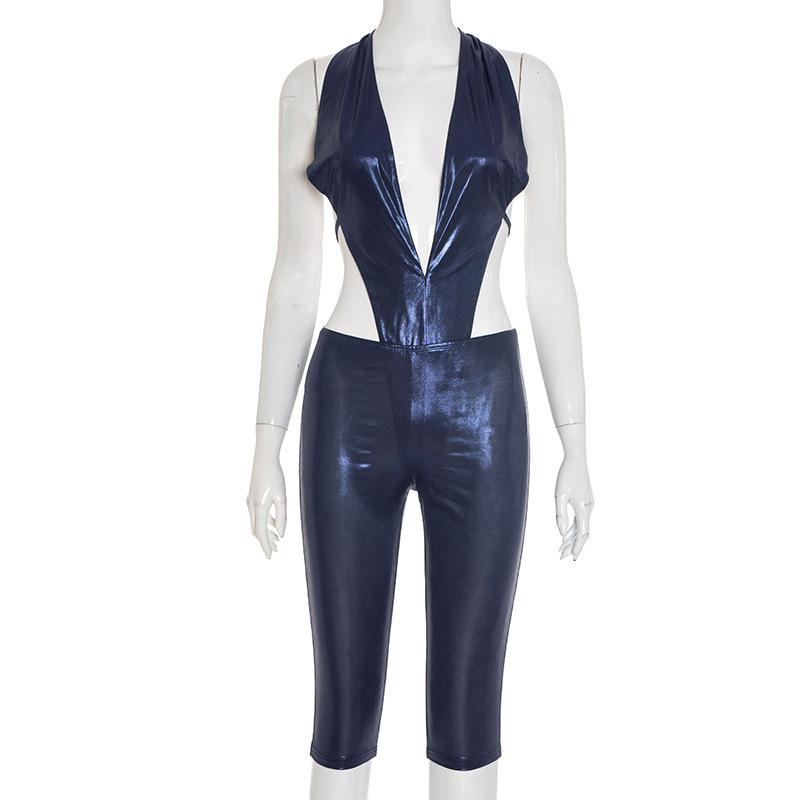 

J25ST315 European & American Women s Fall/Winter Solid Color Hot Stamping Bodysuit with Large V Cutout & Wide Leg Pants Set Small