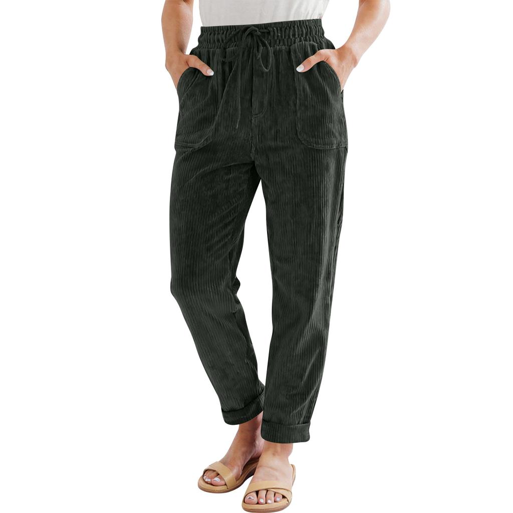 Corduroy Pants For Women Casual Drawstring Elastic High Waist Straight Leg Pants Loose Comfy Trousers With Pockets