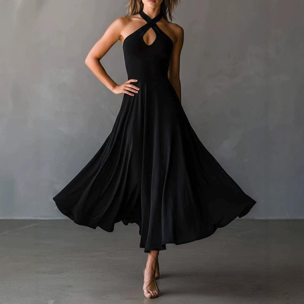 European and American retro elegant and sexy black backless neck collar A-length dress women's clothing