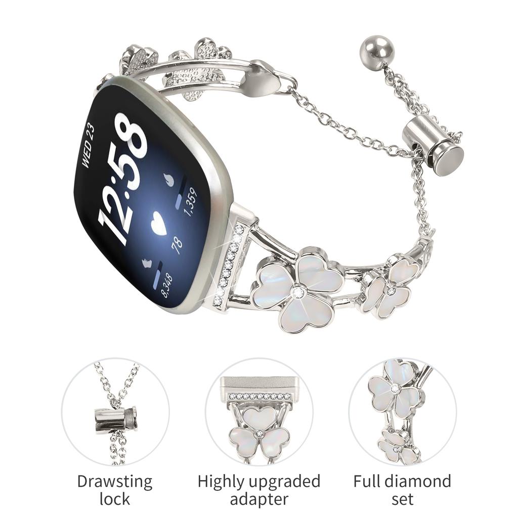 For Fitbit Versa 4/Sense 2 Watchband Heart Clover Decor Zinc Alloy Metal Strap