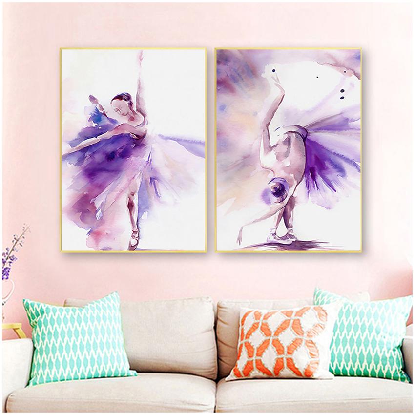 Nordic Posters and Prints Home Decor Wall Painting Frameless Watercolor Purple Ballerina Canvas Painting Girl Room Art Cuadros