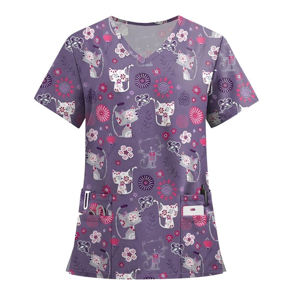 Women's Fashion Printed Short Sleeve V Neck Pattern Tops Pocket Working T-shirts
