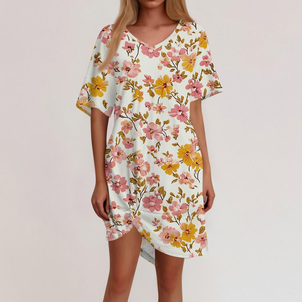 Women's Summer Casual Floral Printed Hem Knotted Short Sleeve Dresses