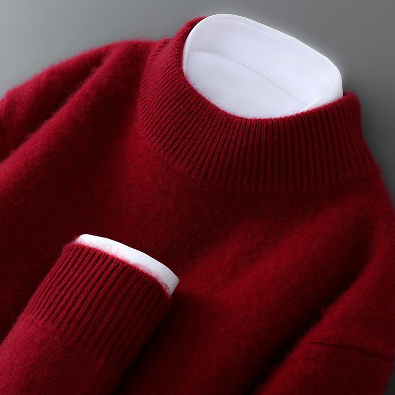 Men's 100% Wool Half-High Neck Loose Knit Sweater - Autumn/Winter Cashmere Pullover