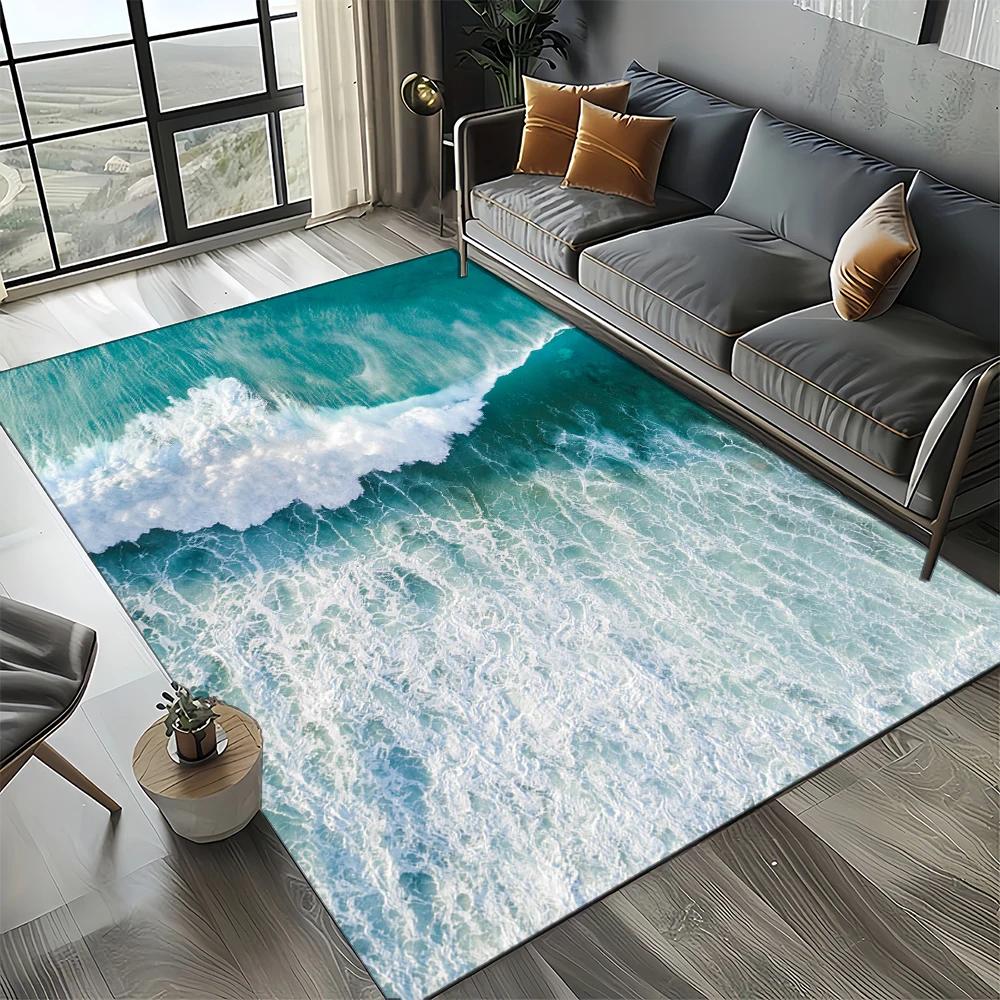 2025 New Style Blue Green Sea Wave Seawater Nature 3D Carpet Rug for Living Room Bedroom Home Sofa Decoration,Non-slip Floor Mat