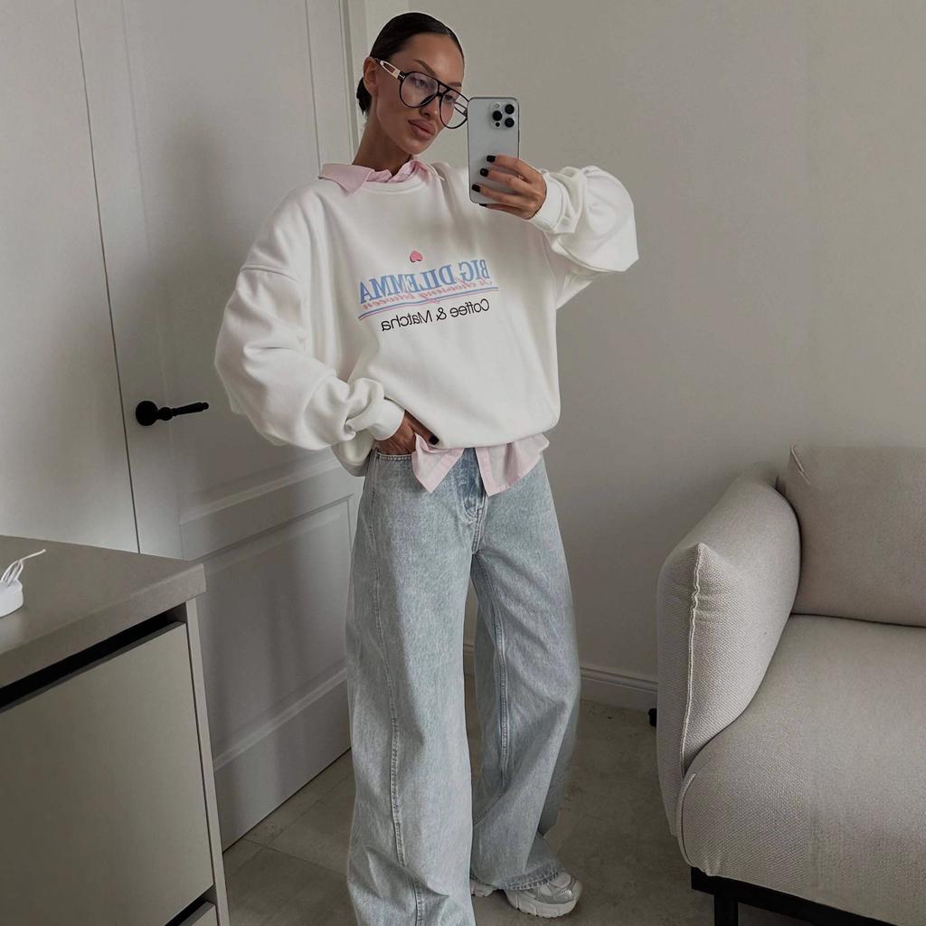 Lazy style drape simple letter print autumn/winter crew neck sweatshirt for women, long-sleeve oversized jacket