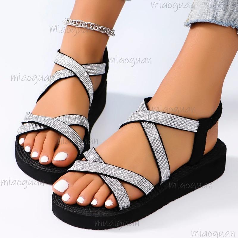 Fashion Size41 Women's Fashion Anti-slip Comfortable Soft Soled Sandals Crystal Decor Black Ankle Strap Sandalias Flat Shoes for Woman