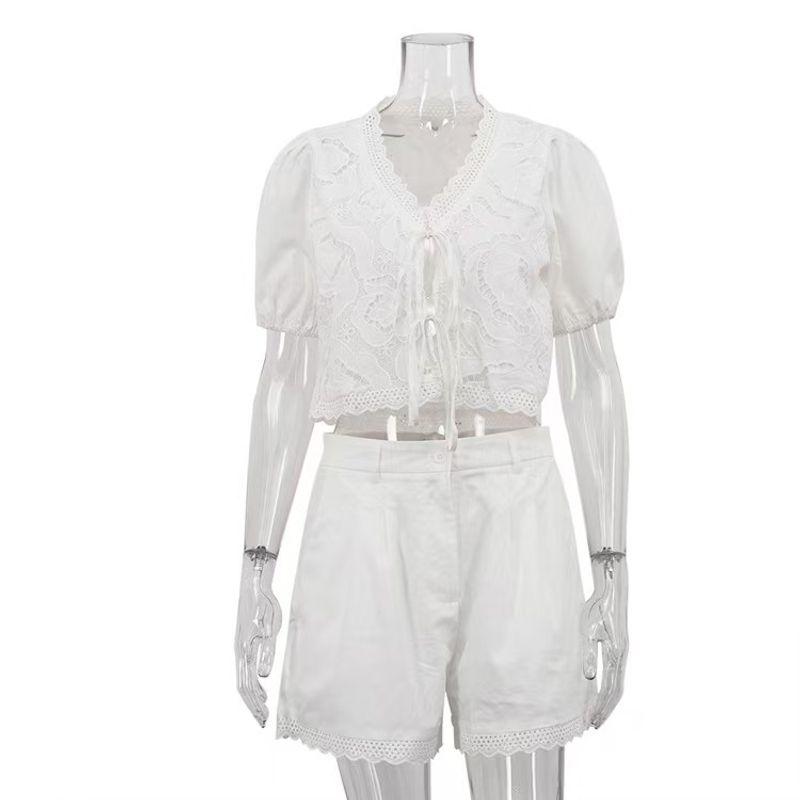 

Western Style Fashion Puff sleeve Lace-up Top Shorts Two-Piece Set Lace up Top and Shorts Set White L