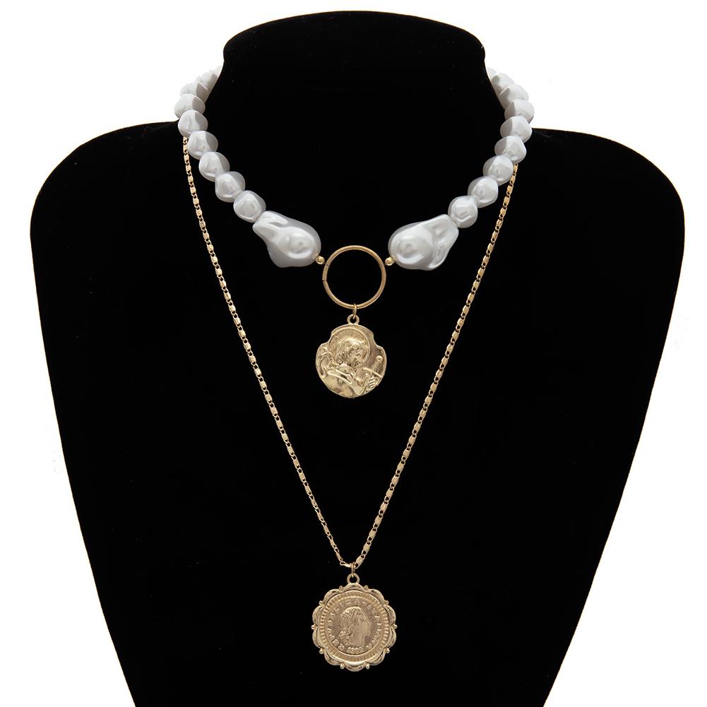 Woman Fashion Style Multi Layer Pearl Bead Retro Anaglyph Pendant Necklace