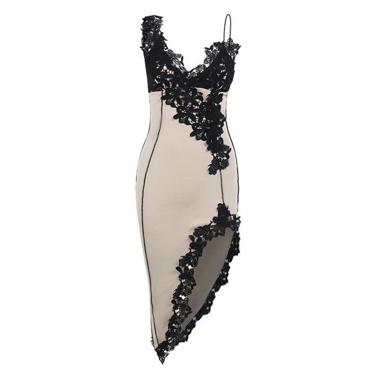 

Женская ночная рубашка с глубоким вырезом, кружевная вышивка, тонкая бретелька, высокий разрез, без рукавов, подходящая по цвету, облегающая S абрикосовый