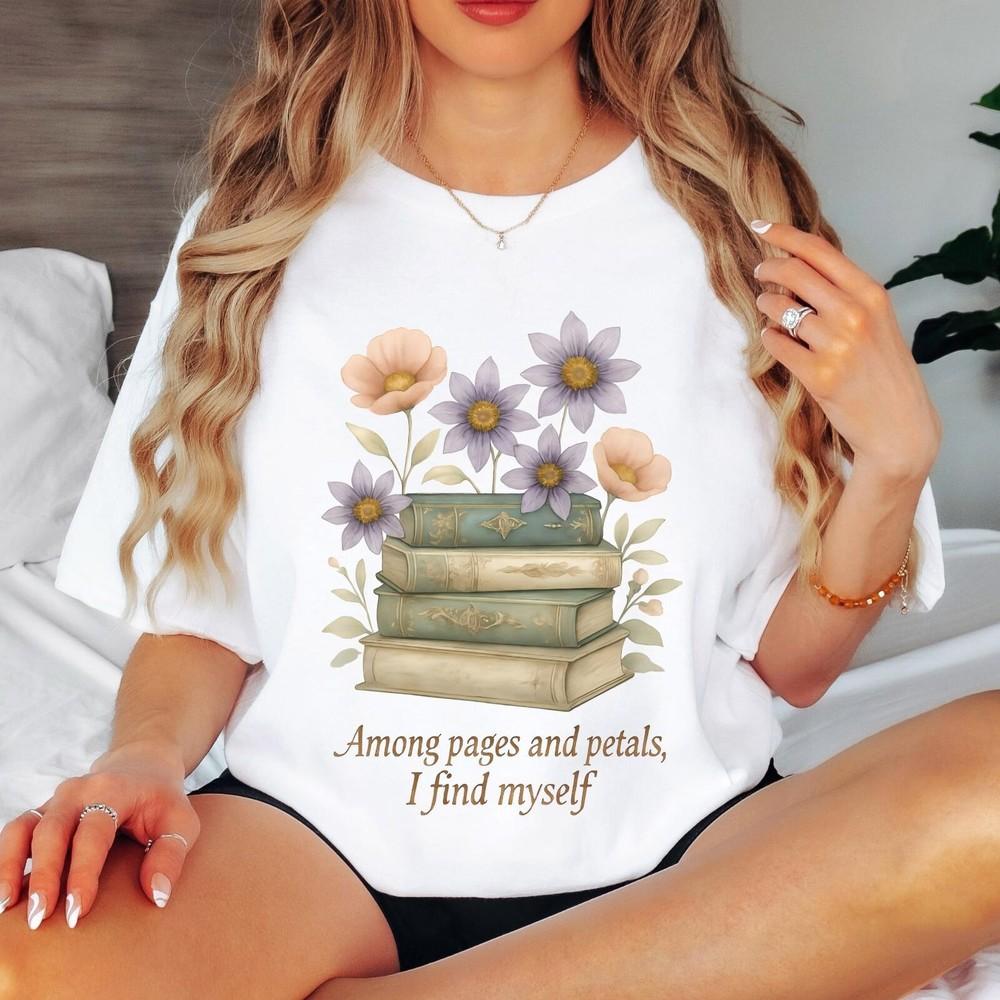 #26 Among the Pages and Petals T-Shirt ,Book Lover Floral Tee, Pastel Aesthetic Unisex T-Shirt L