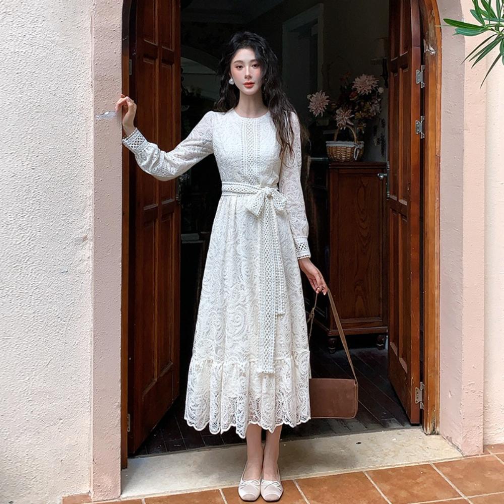 Elegant Crochet Lace Prom Party Dress Women's O Neck Long Sleeve Embroidery Flower Hollow Out A-Line Long Dress
