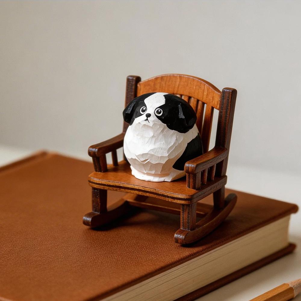 

Hand Carved Decorative Wooden Border Collie Figurine Mini Cute Dog Statue Ornament Gift Rocking Chair Set Home Desk Decor