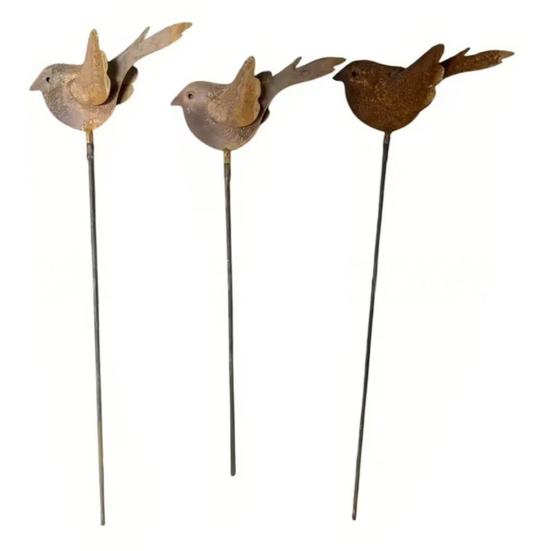 Accenti Bizzarri per il Giardino 3 Pezzi Palo a Terra con Uccelli in Metallo Arrugginito, Scultura di Uccelli Carini, Arte Decorativa Animali per Palo da Giardino Decorazione Esterna, Regali Amici