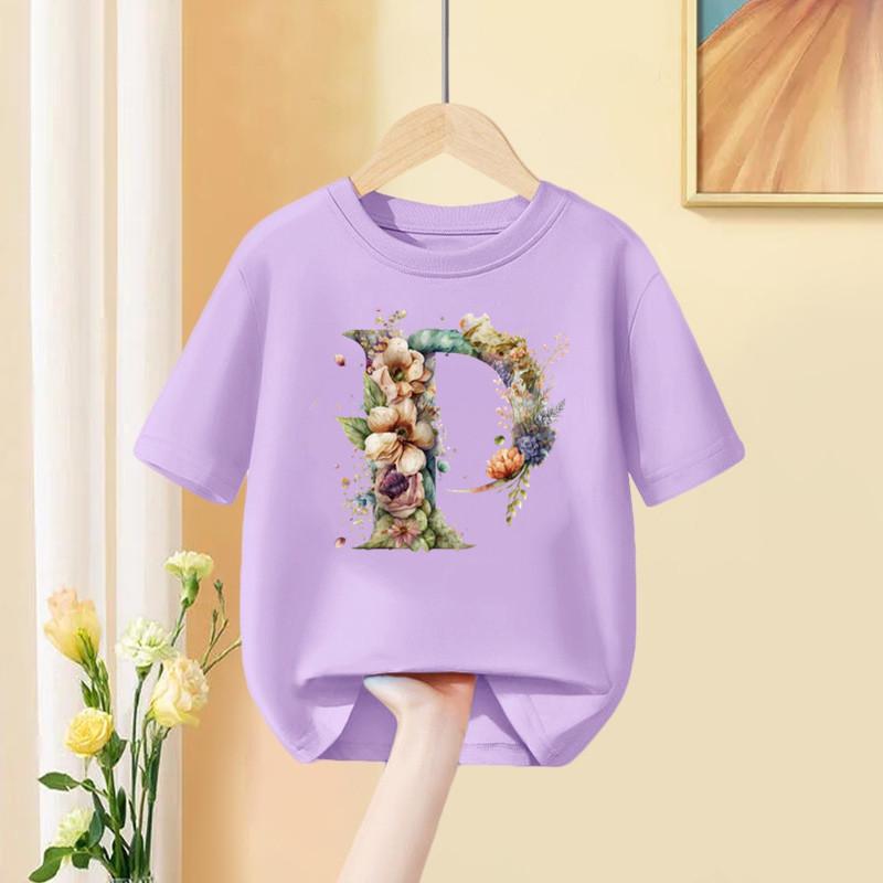 Mädchen T-Shirt 26 Englische Buchstaben A B C D Kindermode Blume T-Shirt Kinder Benutzerdefinierter Name Buchstabe Sommer Lila Kleidung