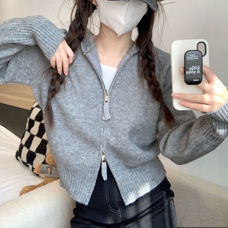 

Вязаный кардиган с воротником поло, женский свитер, осень 2023, тонкий однотонный свитер нерегулярной формы с длинными рукавами и двойной молнией, кардиган, женский топ One Size серый