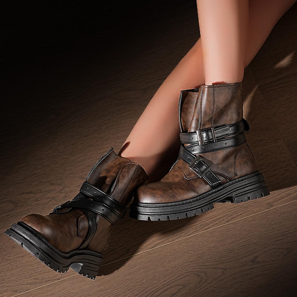 Girls Belt Buckle Design Motorcycle Boots Spring And Autumn New British Style Thick Heel Lightweight Midsole Boots Women 23