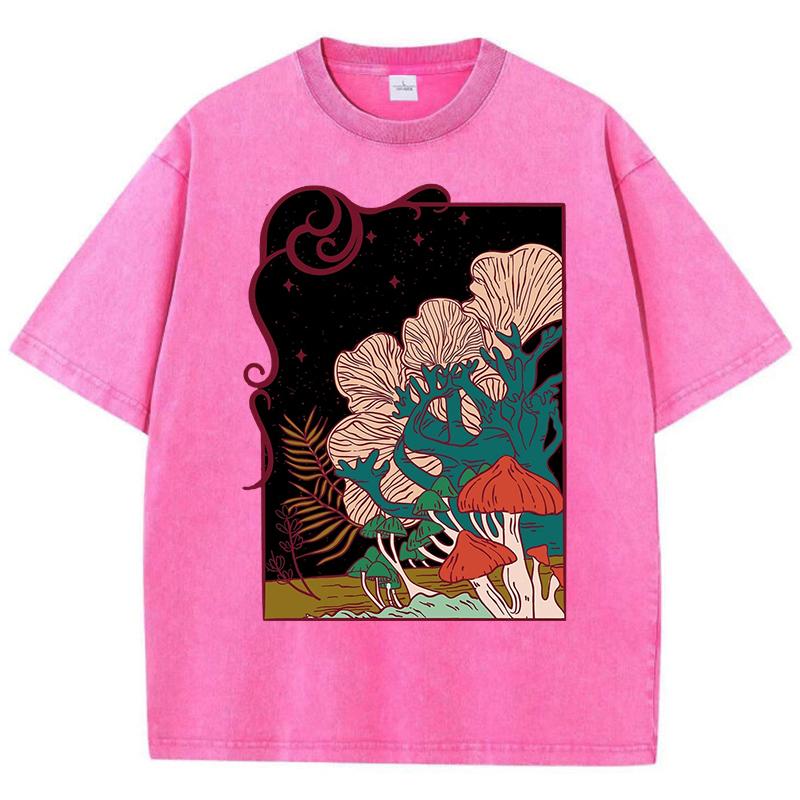 Cottagecore Garden Mushrooms Print Women Washed T Shirts Hip Hop Summer T-Shirt Loose Clothes Cotton Streetwear