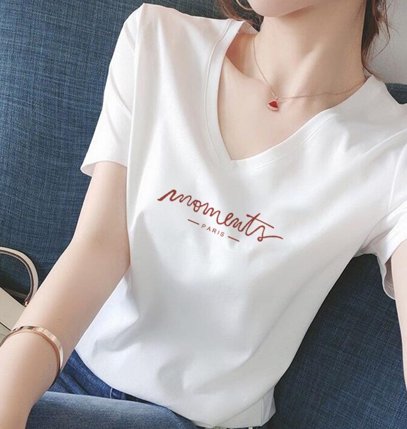 Women's Short Sleeve Graphic Tee V Neck Casual Fashion T-Shirt With Cute Embroidered Print