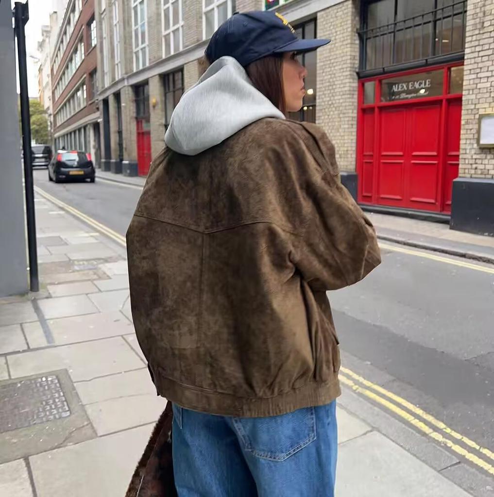 Women's Retro Distressed Fashion Aviator Jacket In Coffee Color