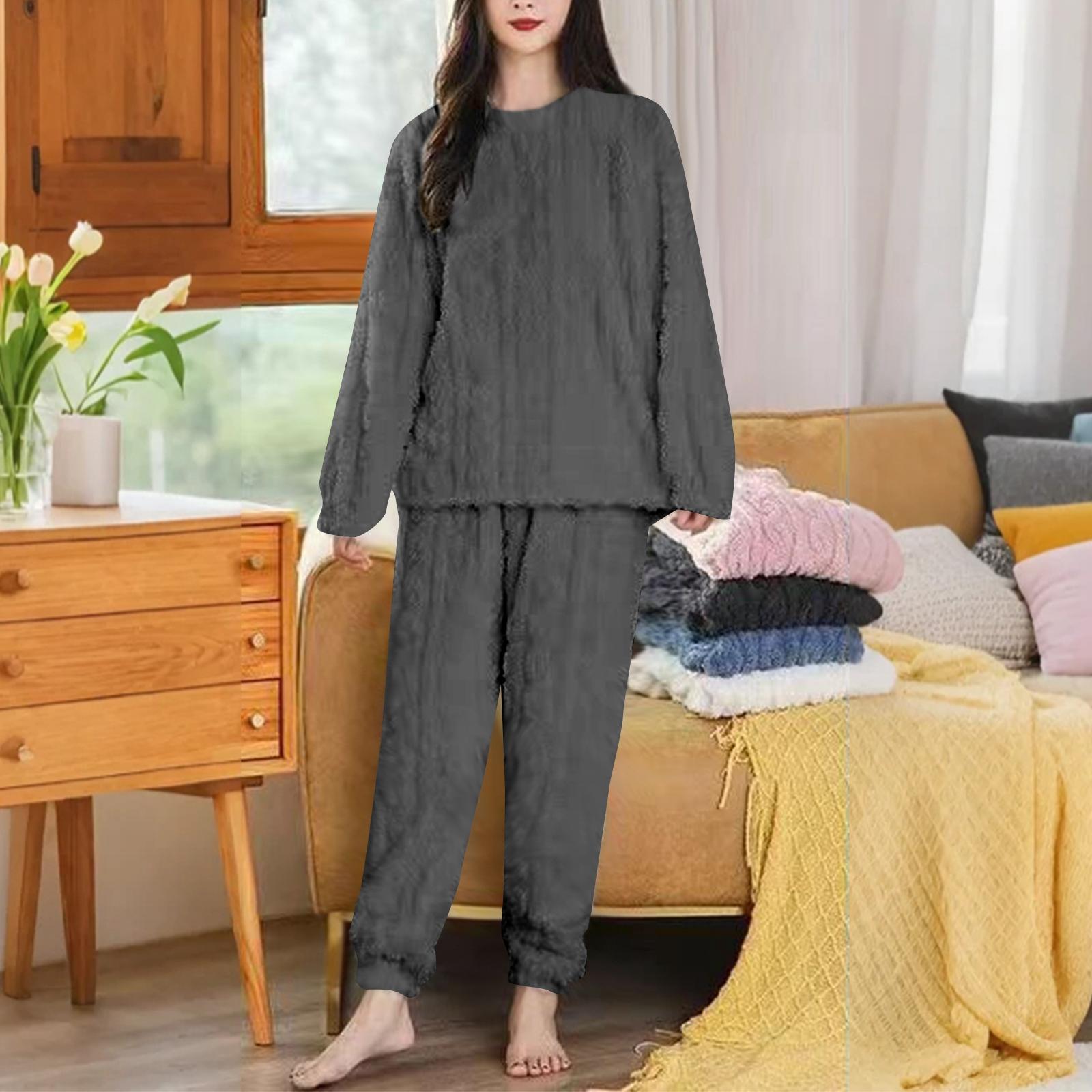 

Женский флисовый комплект для пижамы с круглым вырезом и длинными брюками One Size