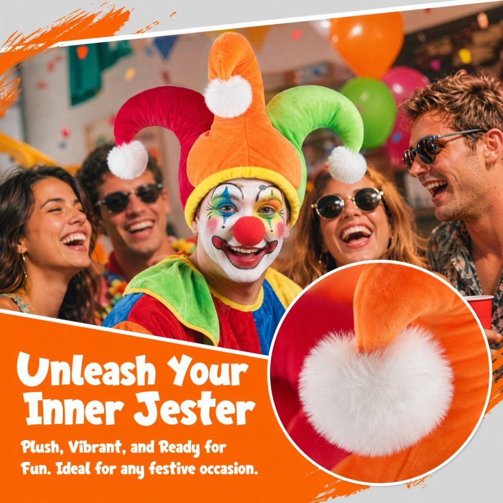 Color Block Clown Hat with White Pom Poms Joker Hat Funny Halloween Party Hat Adult Funny
