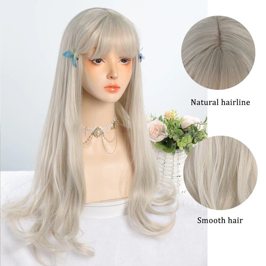 Platinum Blonde Long Natural Wavy Synthetic Hair Wigs with Bangs Cosplay Party Halloween Wig for Women Heat Resistant