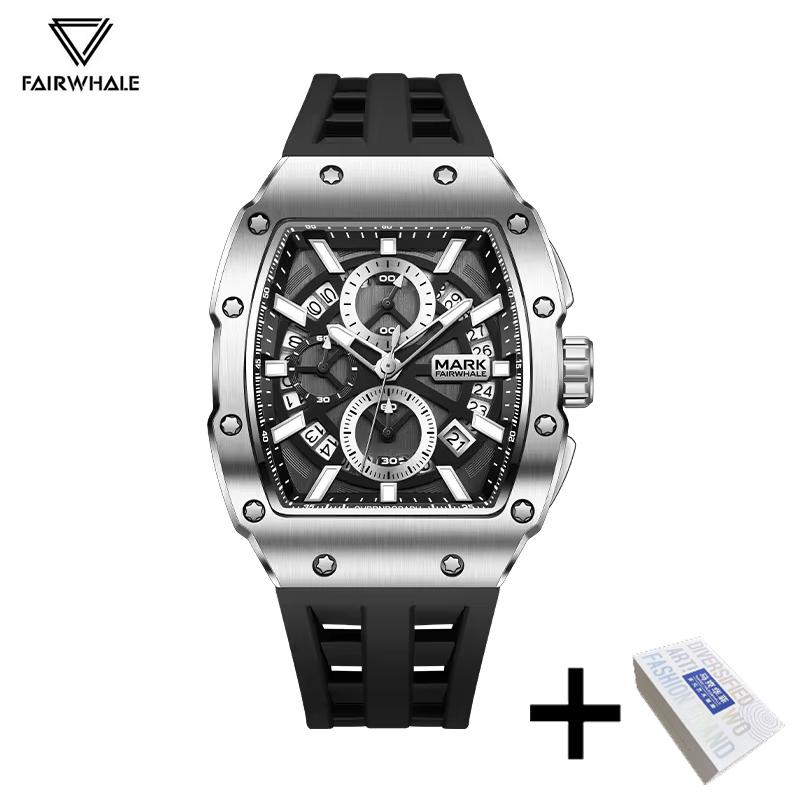 FAIRWHALE Tonneau Watches for Men 5960 Sports Luminous Calendar Original Silicone Strap Top Quality Men Watch Relogio Masculino