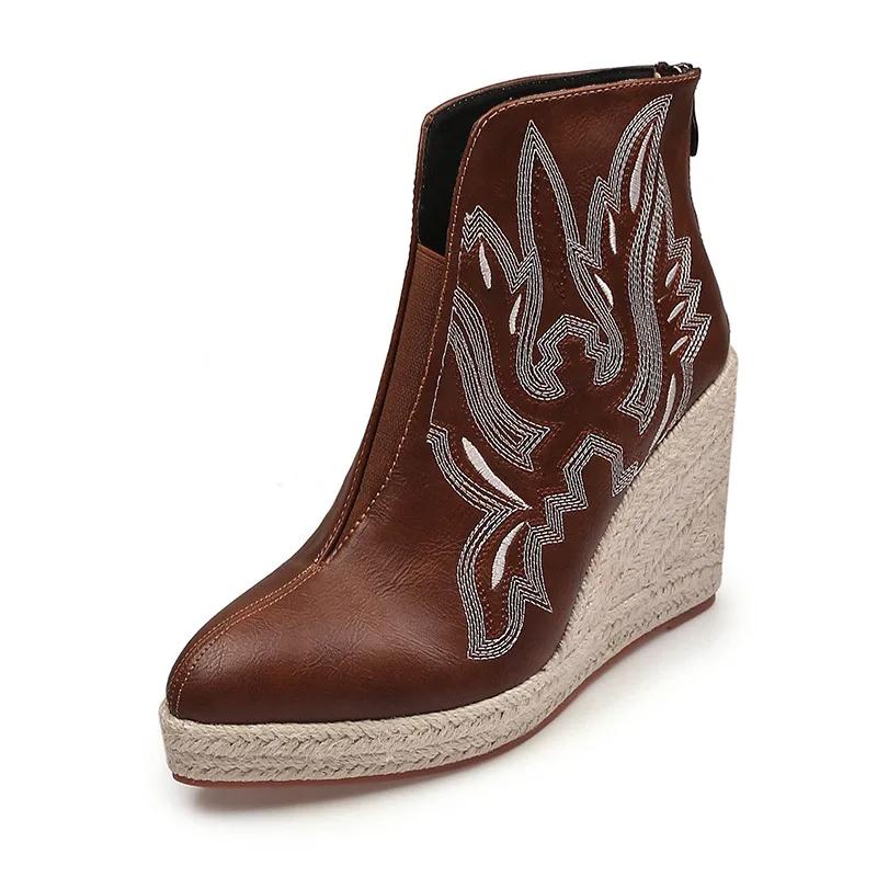 Boots Women's Platform Wedges Espadrilles High Quality Straw Rope Weave Wedge Boots Women Pointed Toe Heels Autumn Winter Shoes