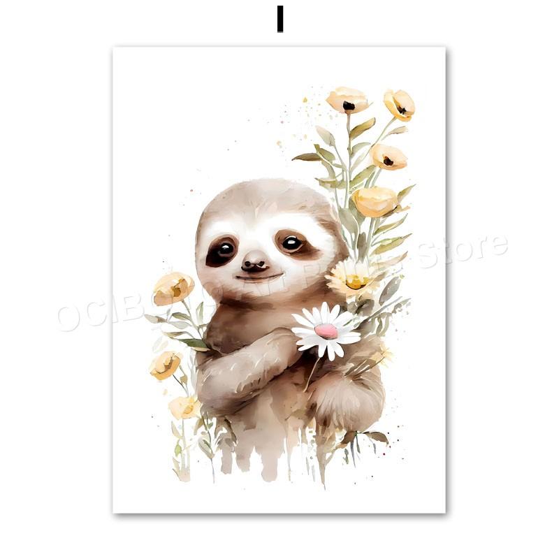 Watercolor Animals Wildflower Lion Rabbit Bear Panda Cow Flamingo Posters Of Wall Art Canvas Prints Picture Baby Kids Room Decor