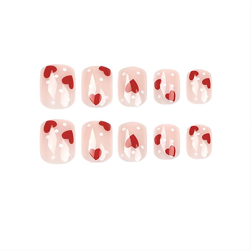 24pcs Press On Nails, Glossy Short Square Shape Acrylic Fake Nails With Red Heart Design, False Nails Decorations Kit For Women