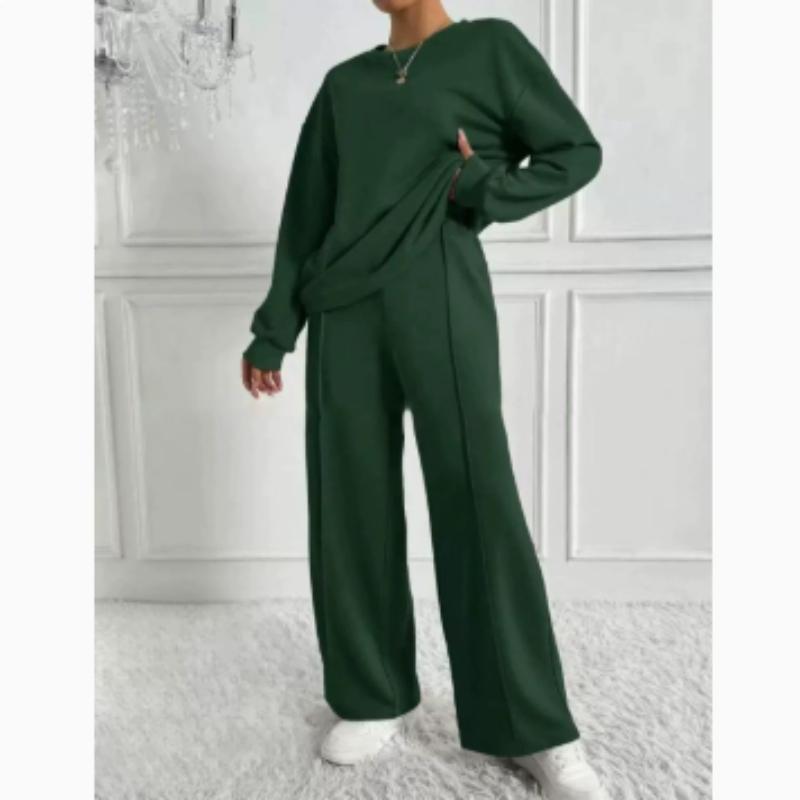 Completo due pezzi da donna casual con scollo rotondo e maniche lunghe, felpa e pantaloni a gamba larga, moda autunno inverno da donna, outfit da ufficio