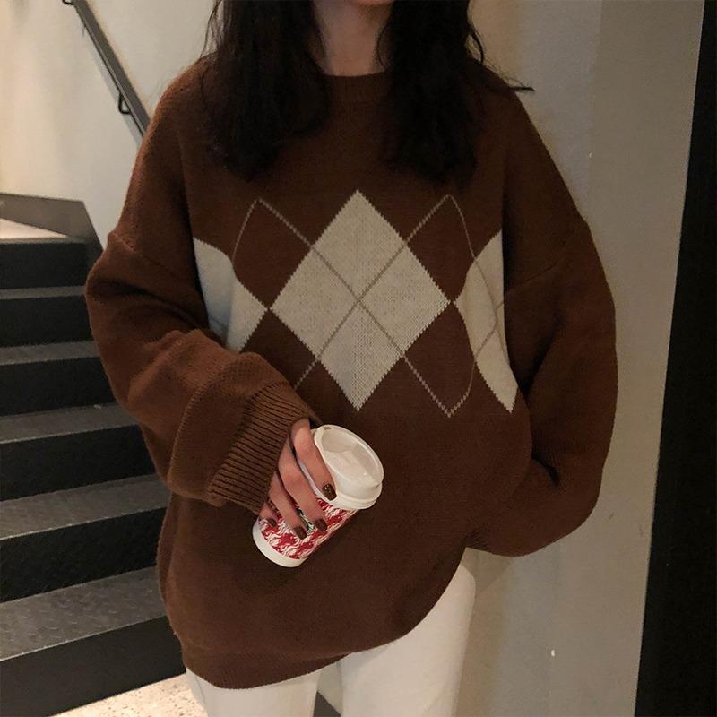 Loose and casual all-match rhombic pattern sweater for outerwear, autumn and winter new thick knit sweater women's top