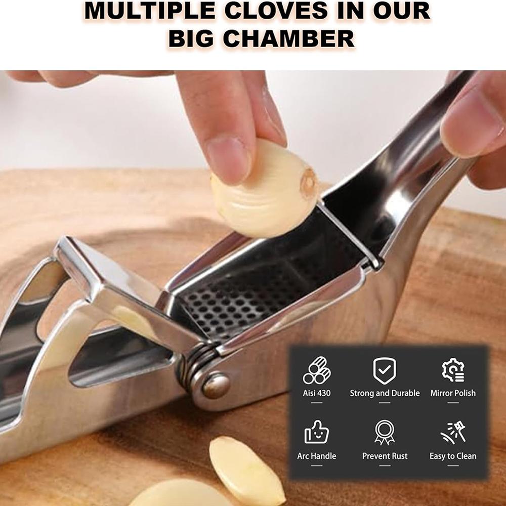 Stainless Steel Garlic Press Ginger Juicer Heavy-Duty Manual Mincer Garlic Crusher for Soups Salads Dips Easy-Clean Kitchen Tool