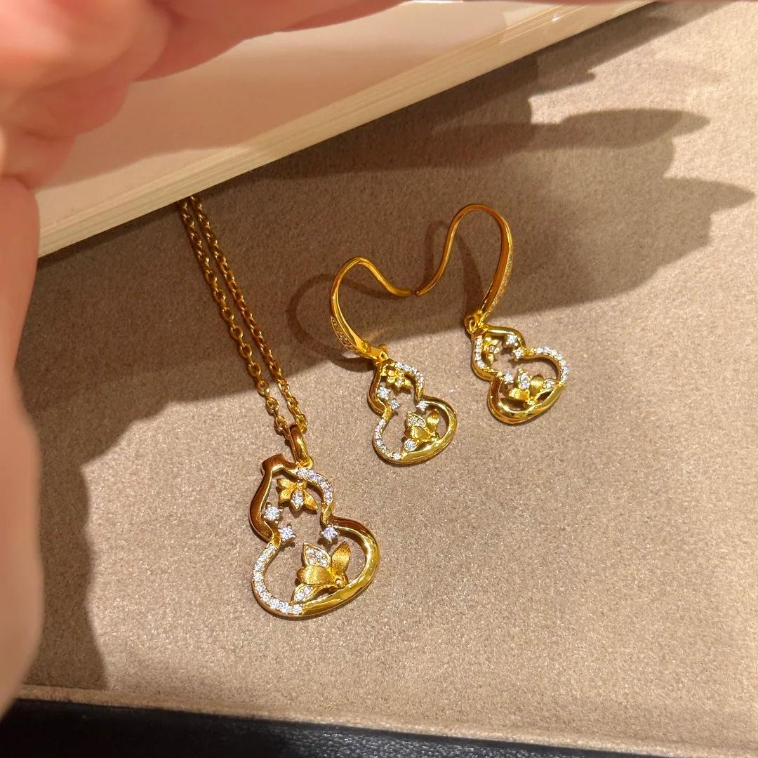 

Women Jewelry Set New Chinese Style Matte Gourd Flower Necklace Pendant Luxury Diamond Earrings Set