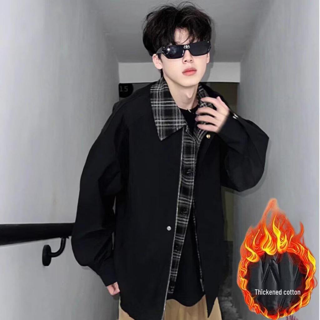 Men's Retro Fake Two-Piece Flight Jacket with Plaid Patchwork - Brown Casual Baseball Style by Meilade