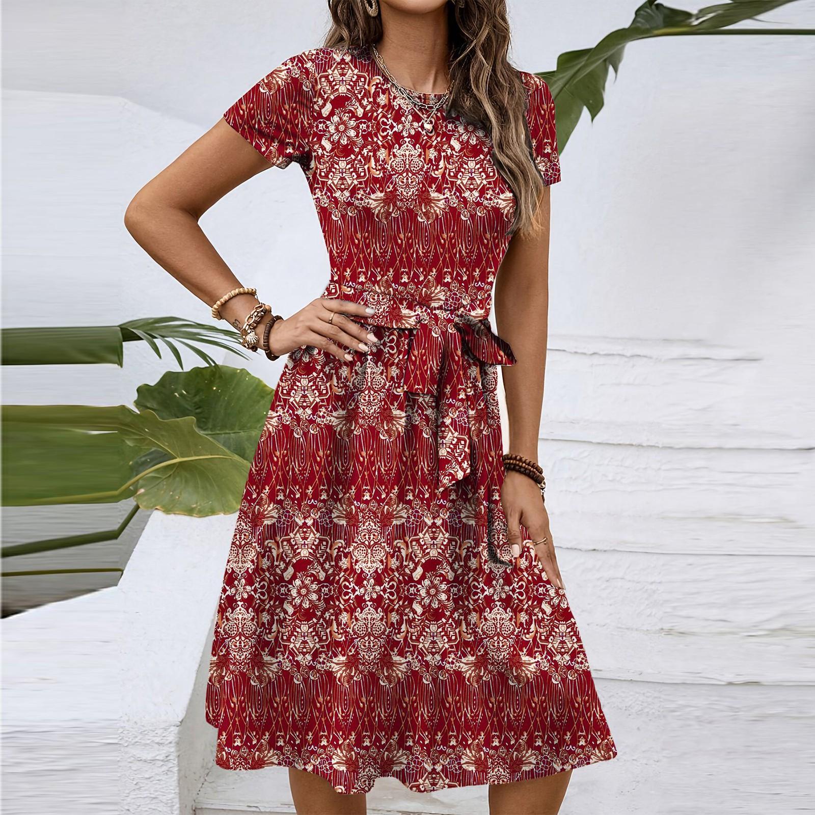 

Женское модное ретро-платье с принтом и цветным поясом XL красный