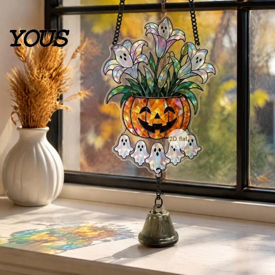 Pumpkin Party Decor Halloween Acrylic Hanging Decoration, Cartoon Ghost Ornament with Double Sided Bell, Suncatcher for Indoor Outdoor Holiday