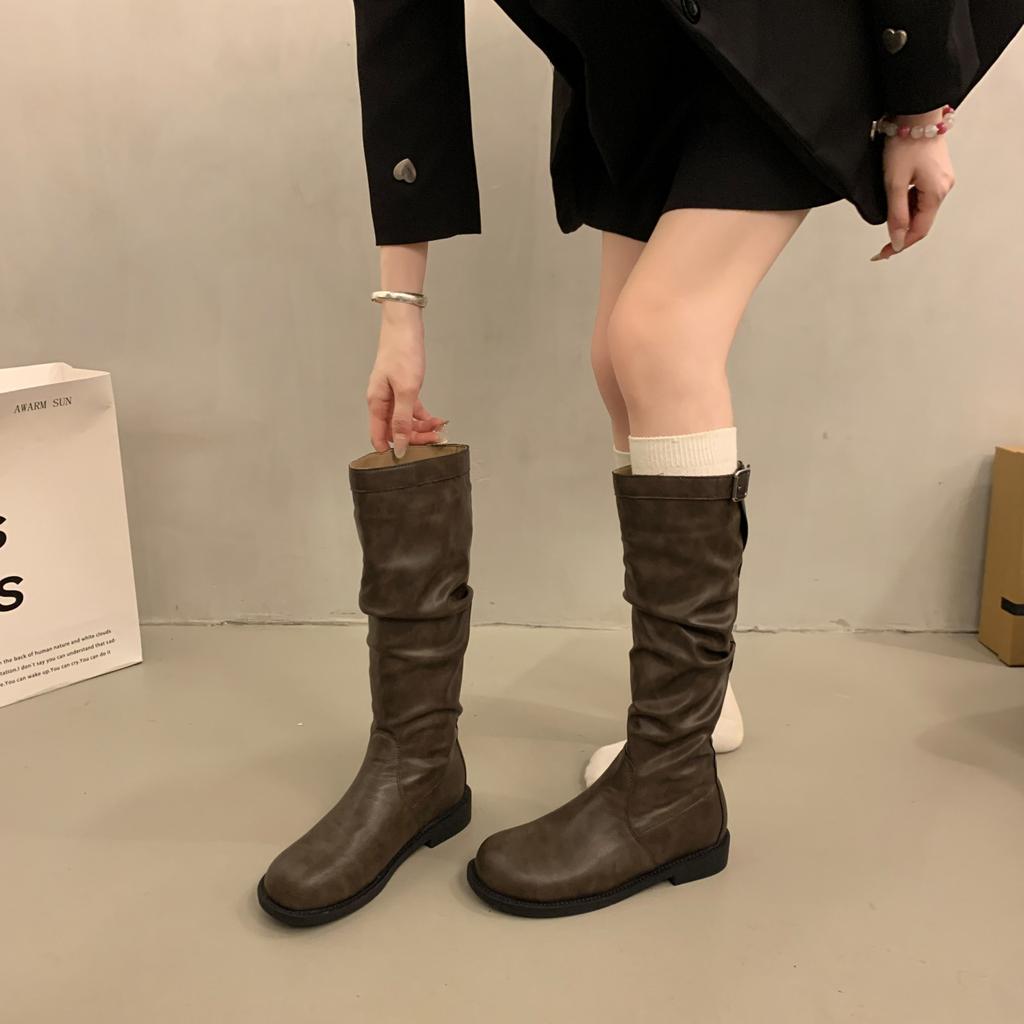 Brown Retro High Trouser Boots Knight Boots Short Boots Autumn and Winter New Thin Boots French Women's Boots Western Boots