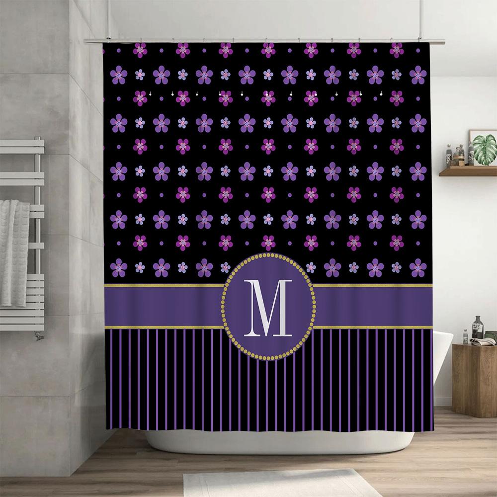 Purple Flower Shower Curtain With A Custom Letter Monogram For Home Bathroom Decor Black And Purple Floral Pattern