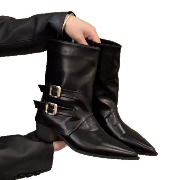 Pointed High-heeled Brown Small Short Boots Women's Shoes 2025 New Spring and Autumn Single Boots Retro Belt Buckle Medium Tube Pants Tube Boots