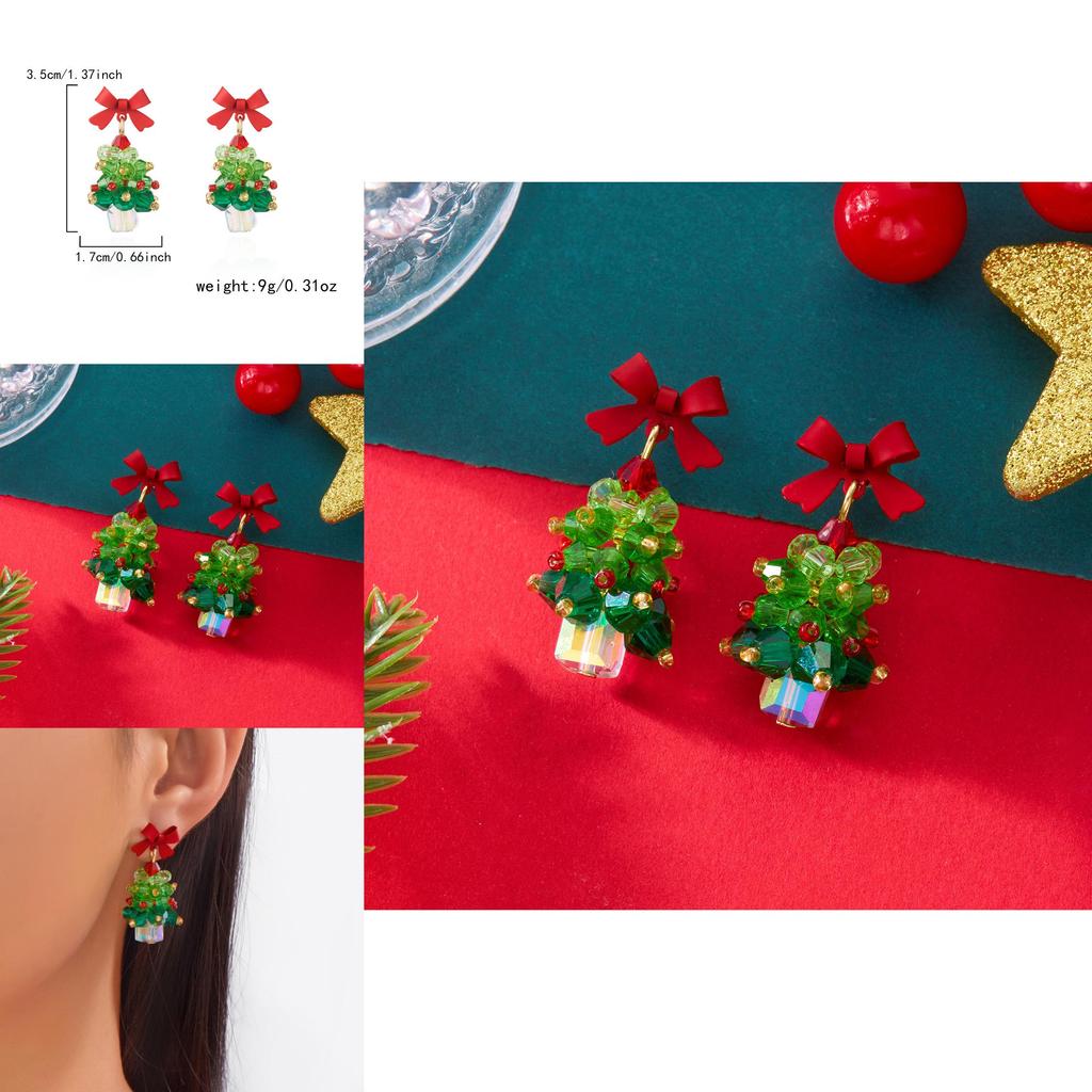 Festive Holiday Earrings Women Alloy Red Bow Christmas Tree Jewelry With Sparkle For Seasonal Wear