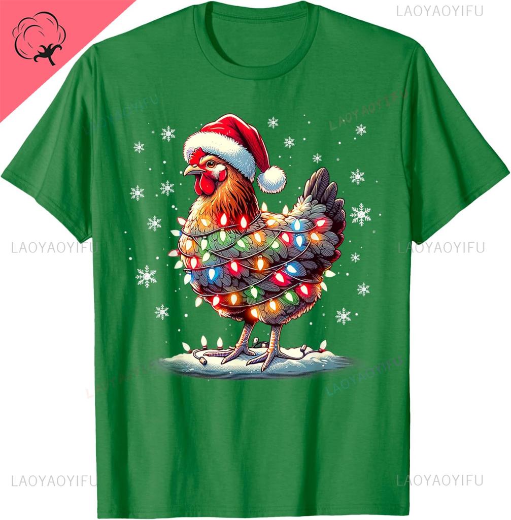 Chicken Santa Christmas Light Funny Xmas Chicken Pajamas TShirt Unisex Summer Streetwear Tops Cotton Ropa Hombre