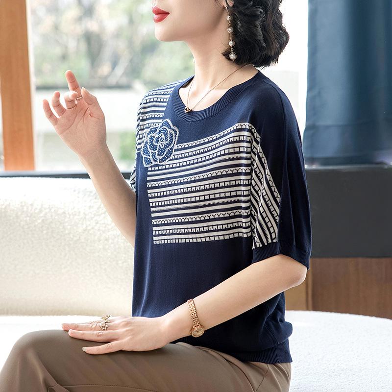 Mom's Ice Silk Summer Knit Short-Sleeve Top for Middle-Aged and Elderly Women