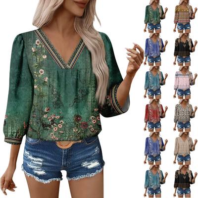 Dámské ležérní květinové halenky s V výstřihem a 3/4 rukávem Boho podzimní topy košile