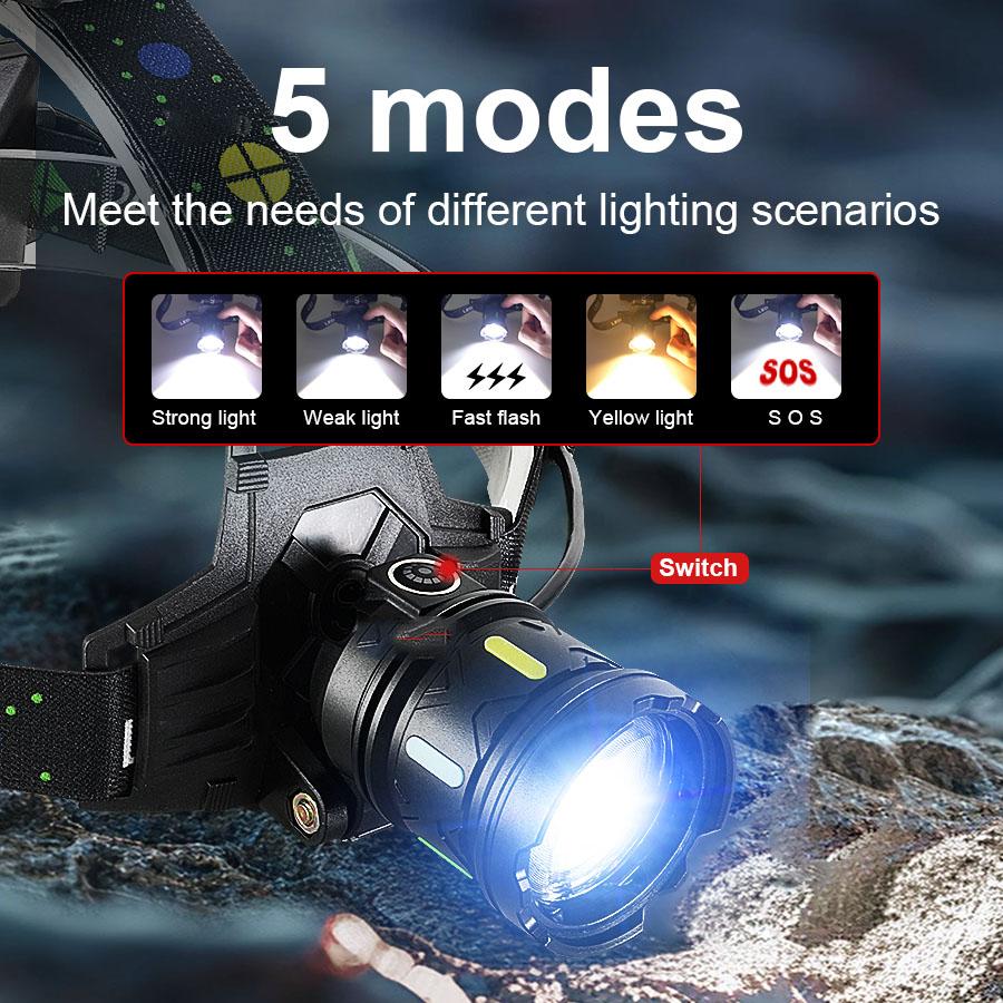 5000LM Most Powerful Headlamp White/Yellow Lights Rechargeable LED Headlights Lighting  Camping Fishing Head Flashlight