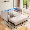 Sofá cama multifuncional 90x190 cm con cama extraíble, puerto USB-C, ambiente LED, funda de terciopelo – para salón, habitación de invitados o habitación juvenil. Beige