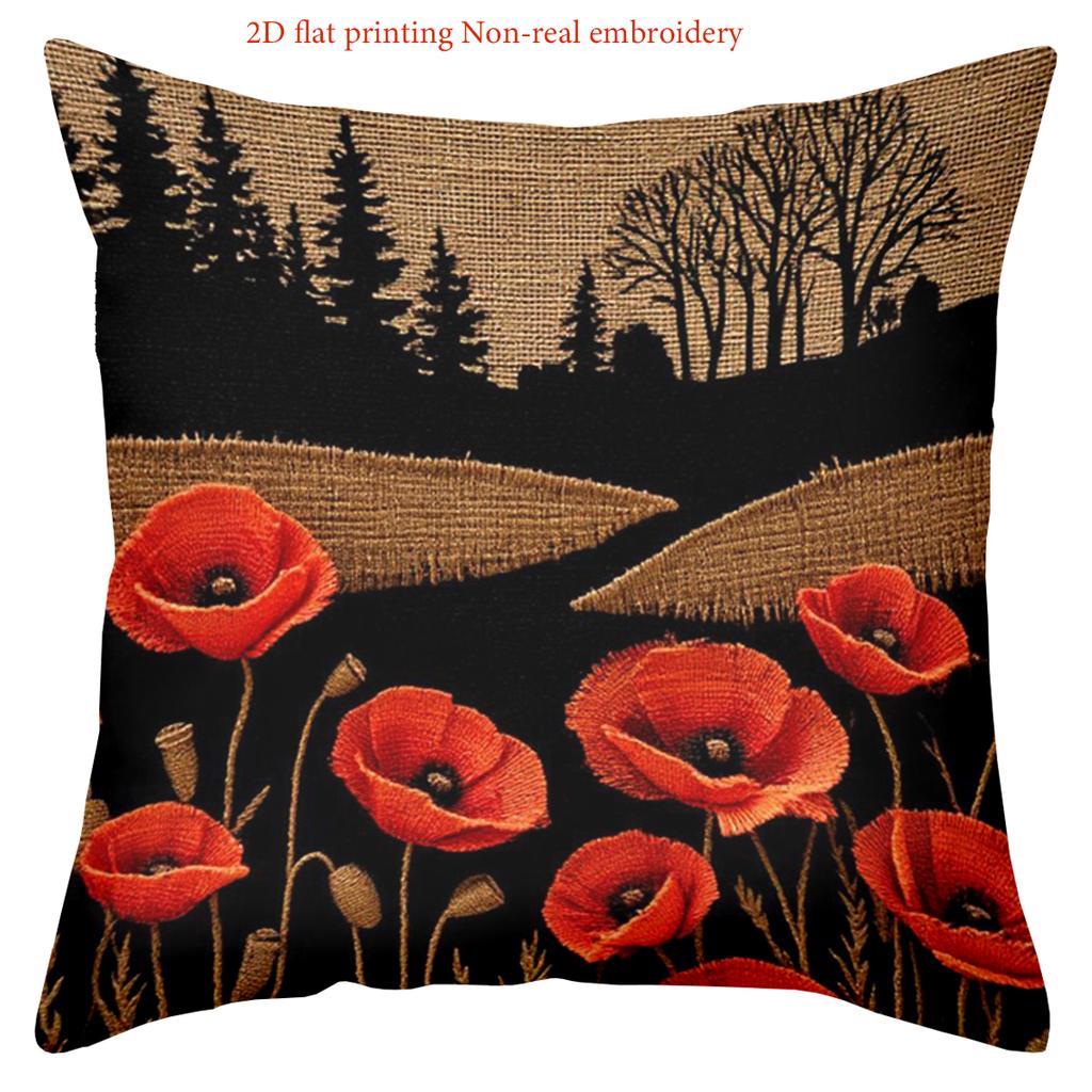 2D Flat Printed Poppy & Tree Pattern Non-real Embroidery Pillows Polyester pillowcase, sofa cushion cov Headboard Pillow